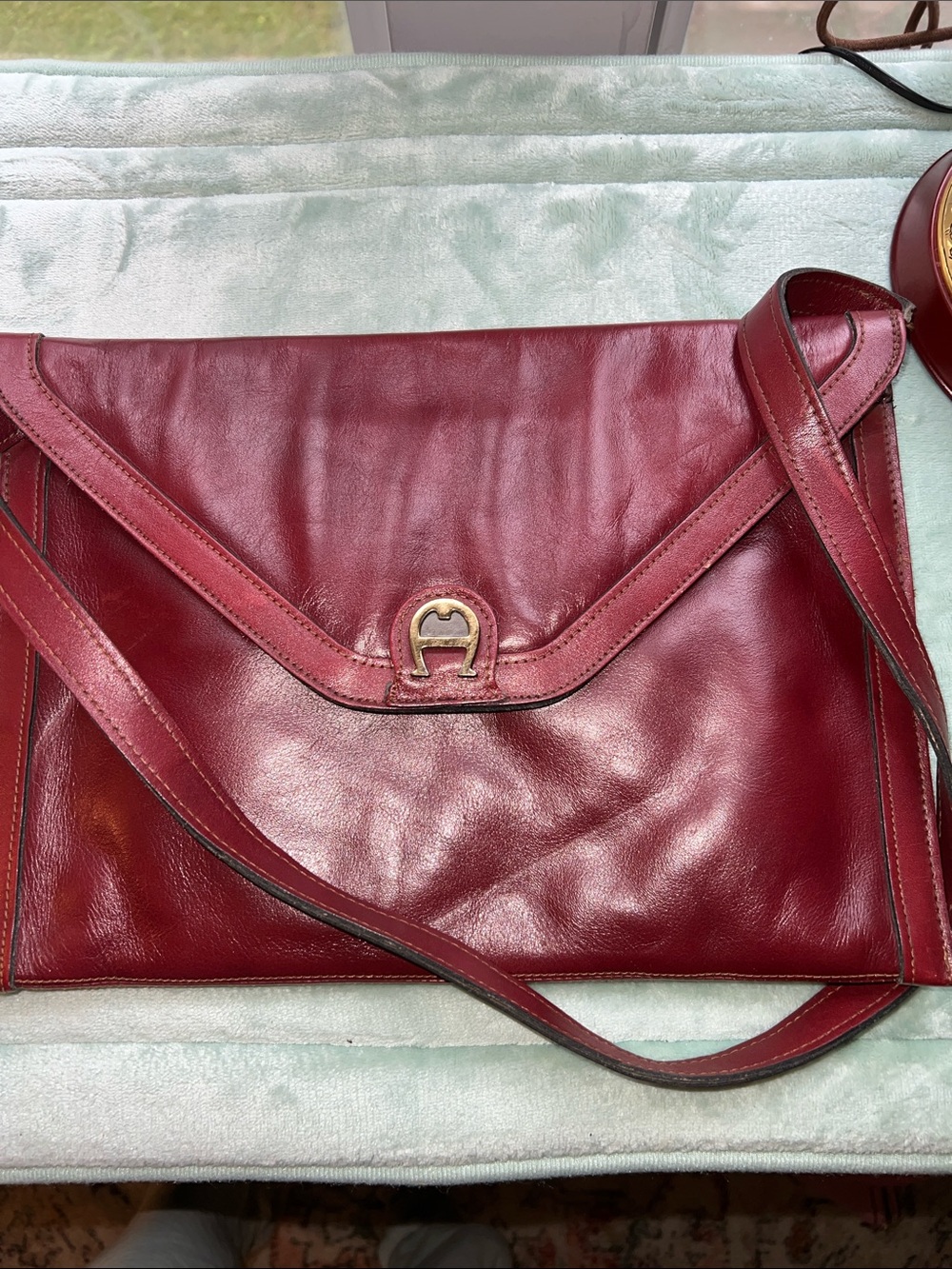 Vintage Burgundy Leather Crossbody Bag with Gold Accent